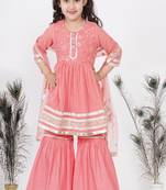 Little Bansi jaipuri Lacework and Gotta Patti work Kurta frock with Sharara and Dupatta - Coral