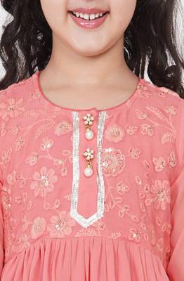 Little Bansi jaipuri Lacework and Gotta Patti work Kurta frock with Sharara and Dupatta - Coral 2
