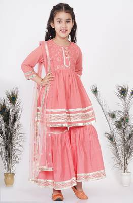 Little Bansi jaipuri Lacework and Gotta Patti work Kurta frock with Sharara and Dupatta - Coral 3