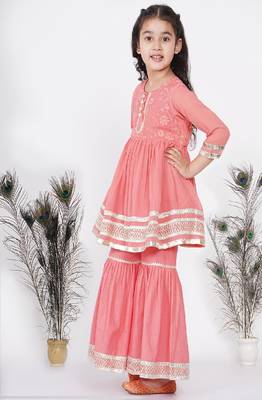 Little Bansi jaipuri Lacework and Gotta Patti work Kurta frock with Sharara and Dupatta - Coral 4