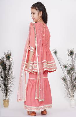 Little Bansi jaipuri Lacework and Gotta Patti work Kurta frock with Sharara and Dupatta - Coral 5