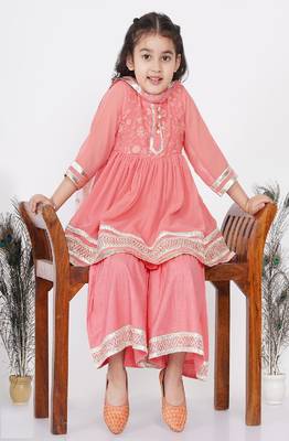 Little Bansi jaipuri Lacework and Gotta Patti work Kurta frock with Sharara and Dupatta - Coral 6