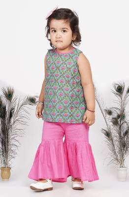 Little Bansi Reversable Kurta with Sharara and Pyjama for Toddlers - Blue, White and Pink 4