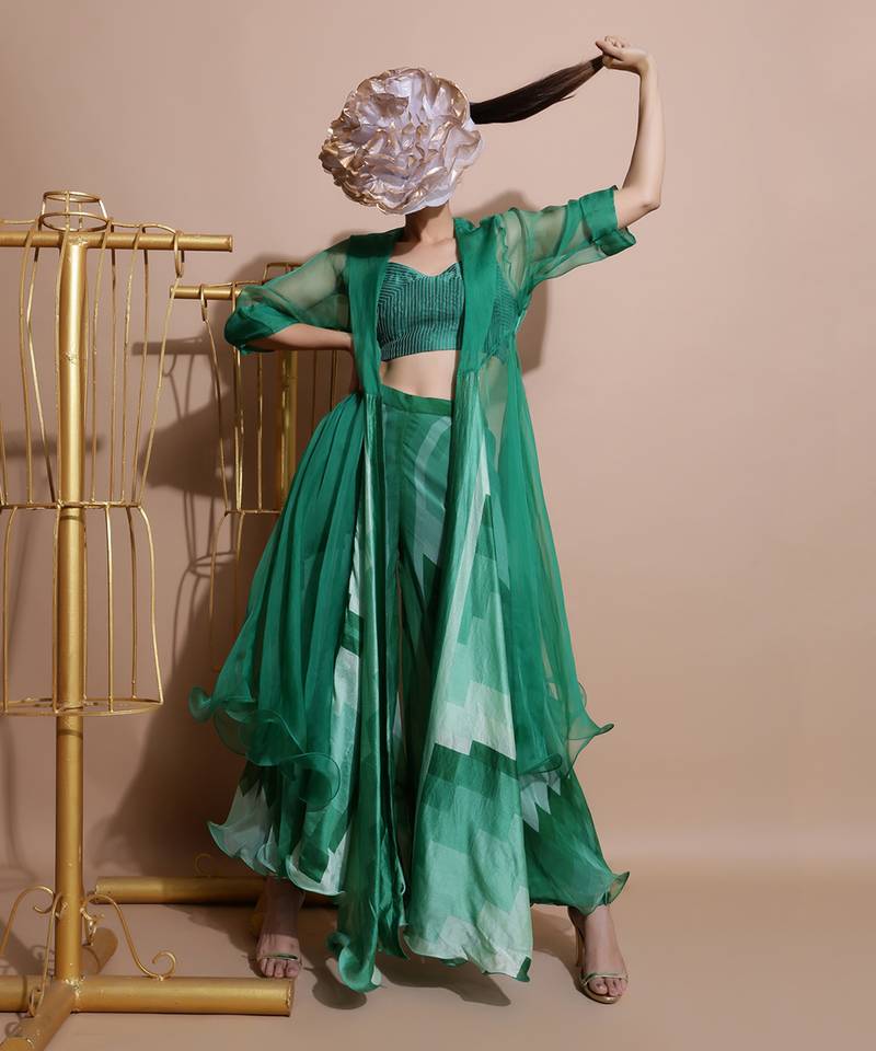 Green Abstract Pant Set With Cape
