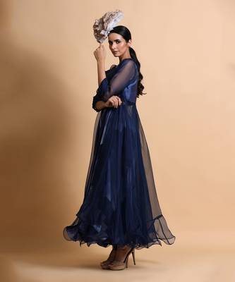 Navy Blue Abstract Pant Set With Cape 4