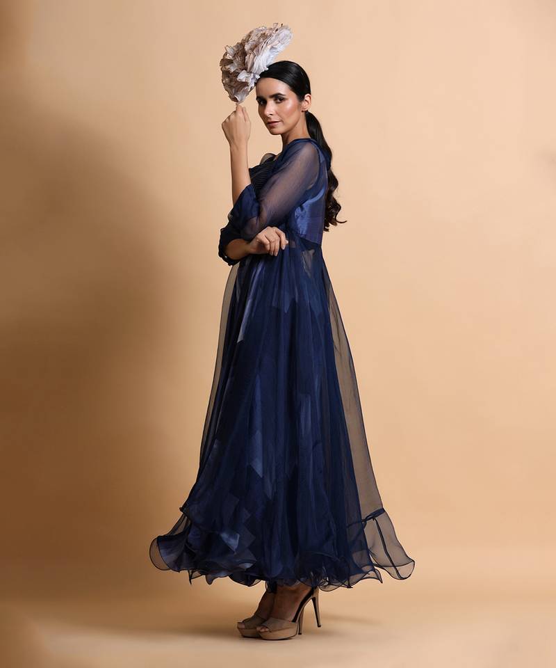 Navy Blue Abstract Pant Set With Cape