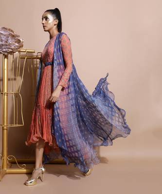 Salmon Burfee Tier Midi Dress With Jacket 4