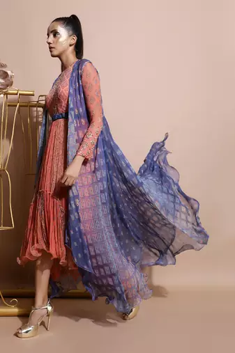 Salmon Burfee Tier Midi Dress With Jacket