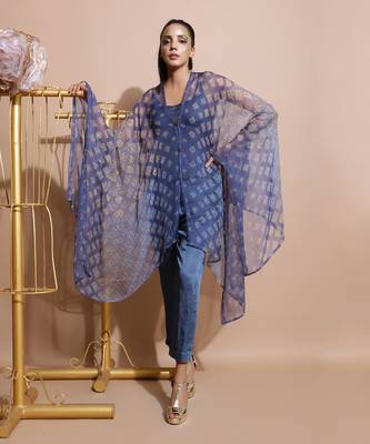 Indigo Blue Burfee Print Cape Set 4