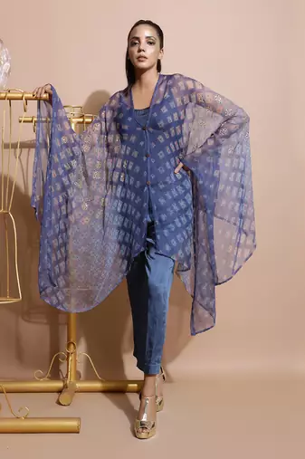 Indigo Blue Burfee Print Cape Set