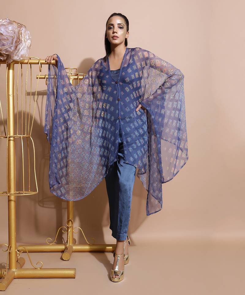 Indigo Blue Burfee Print Cape Set