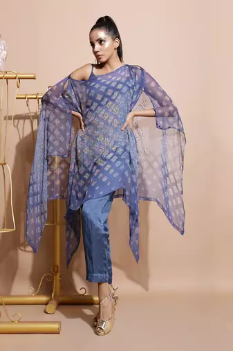 Indigo Blue Burfee Print Cape Set