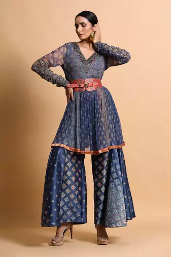 Indigo Blue Burfee Print Embroidered Pant Set