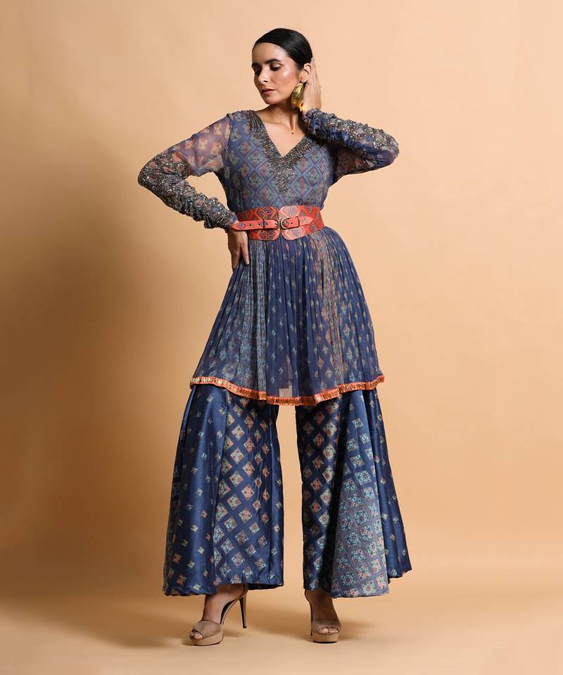 Indigo Blue Burfee Print Embroidered Pant Set