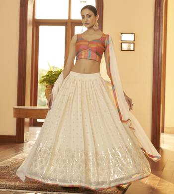 Shubhkala Beige Embellished Mukaish Work Georgette Semi Stitched Lehenga 1