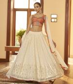 Shubhkala Beige Embellished Mukaish Work Georgette Semi Stitched Lehenga