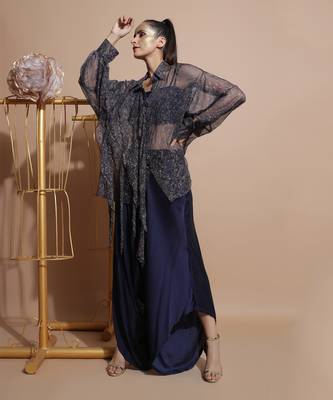 Navy Splash Waterfall Drape Pant Set 4