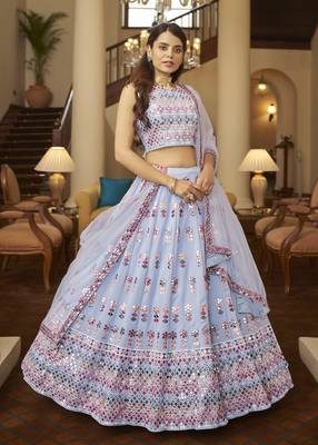 Shubhkala Seductive Sky Blue Pink Gotta Patti With Thread Embroidered Georgette Semi Stitched Bridal Lehenga 1