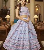 Shubhkala Seductive Sky Blue Pink Gotta Patti With Thread Embroidered Georgette Semi Stitched Bridal Lehenga
