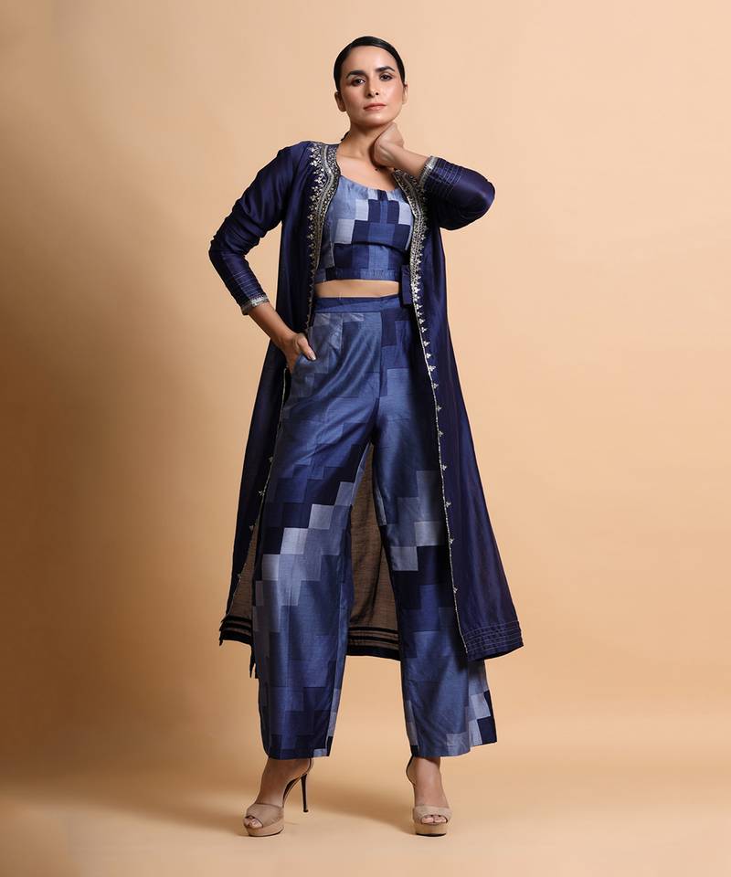 Navy Blue Embroidered Top And Pant