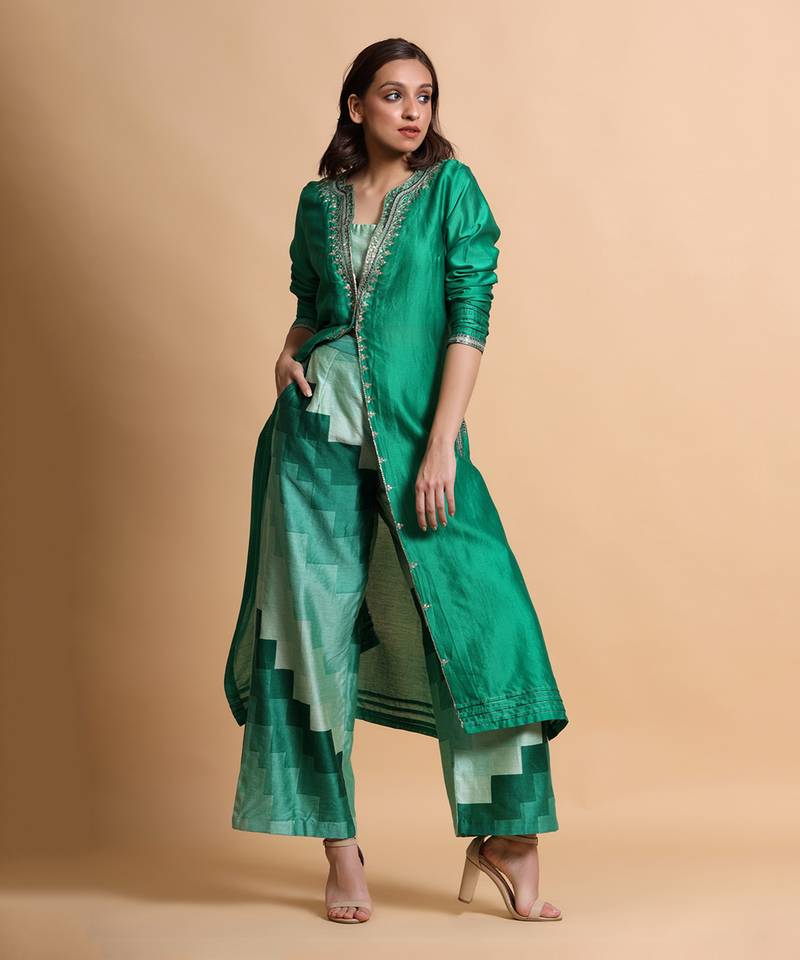 Green Embroidered Top And Pant 