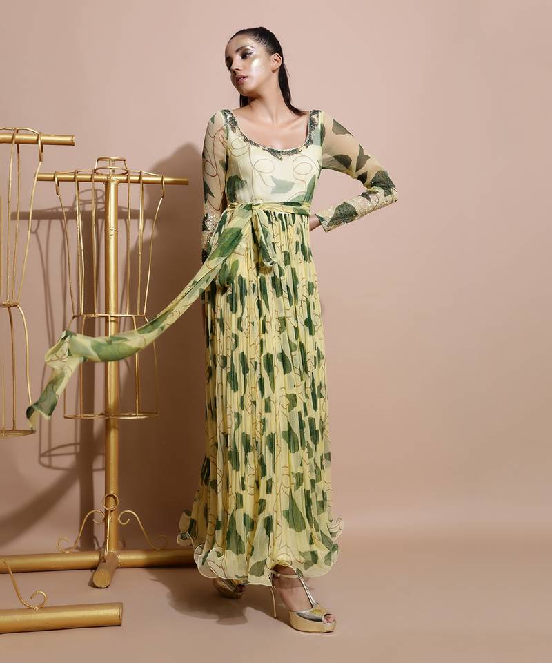 Yellow Paan Sutra Long Dress With Frill Dupatta