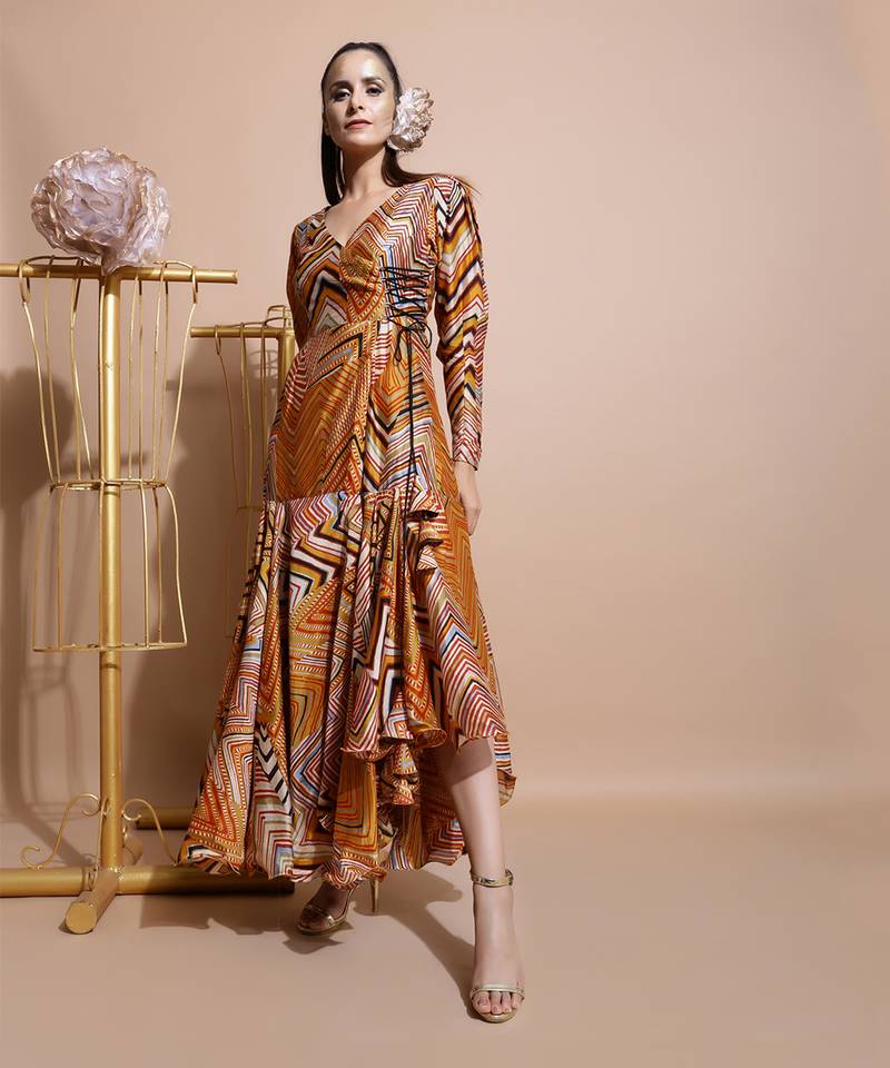 Mustard Leheriya Print Angrakha Style Dress
