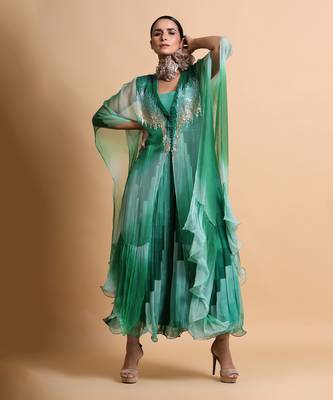 Green Leheriya Cape Embroidered Dress 4