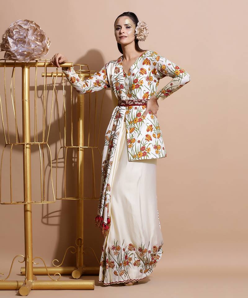 Cream Chanderi Saree With Blouse