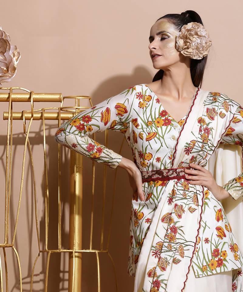 Cream Chanderi Saree With Blouse