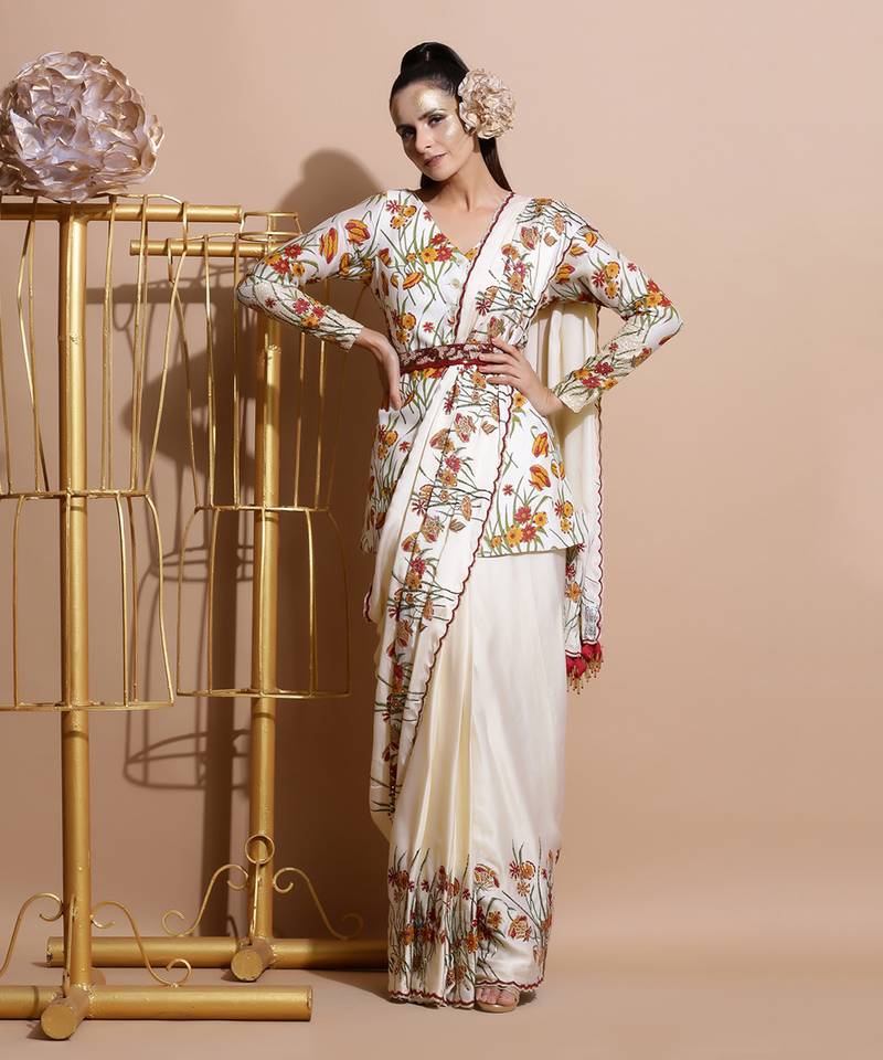 Cream Chanderi Saree With Blouse