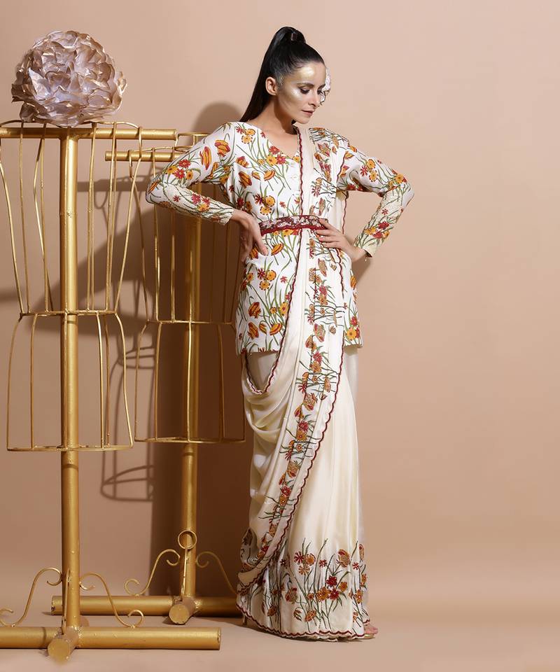 Cream Chanderi Saree With Blouse