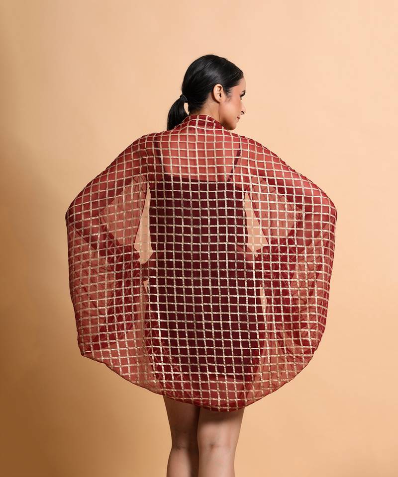 Deep Red Cubic Print Cape 