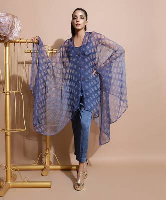 Indigo Blue Burfee Print Button Cape 4