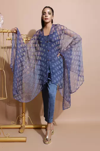 Indigo Blue Burfee Print Button Cape