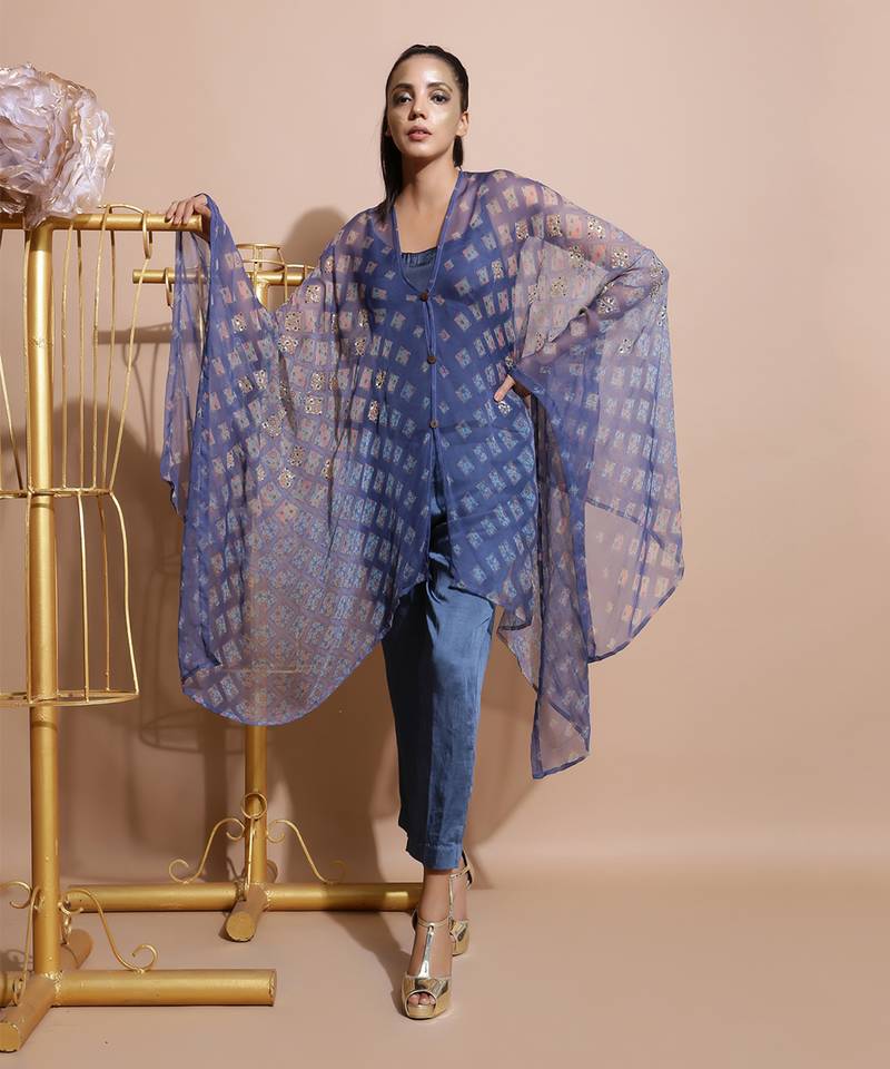 Indigo Blue Burfee Print Button Cape