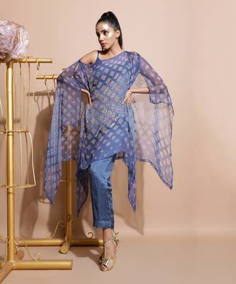 Indigo Blue Burfee Print Button Cape 5