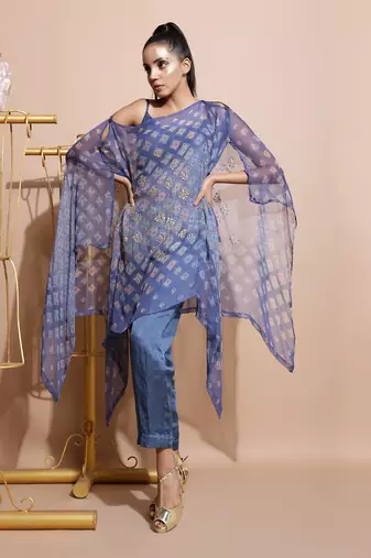Indigo Blue Burfee Print Button Cape