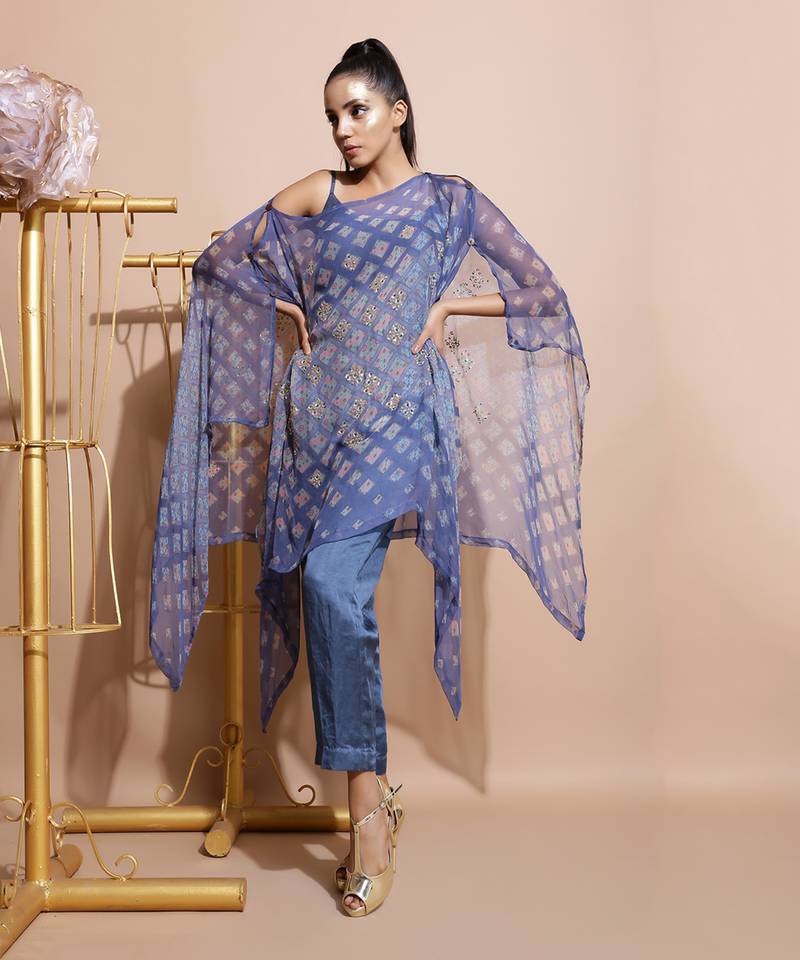 Indigo Blue Burfee Print Button Cape