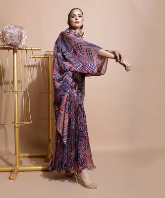 Navy Leheriya Print Organza Cape  5