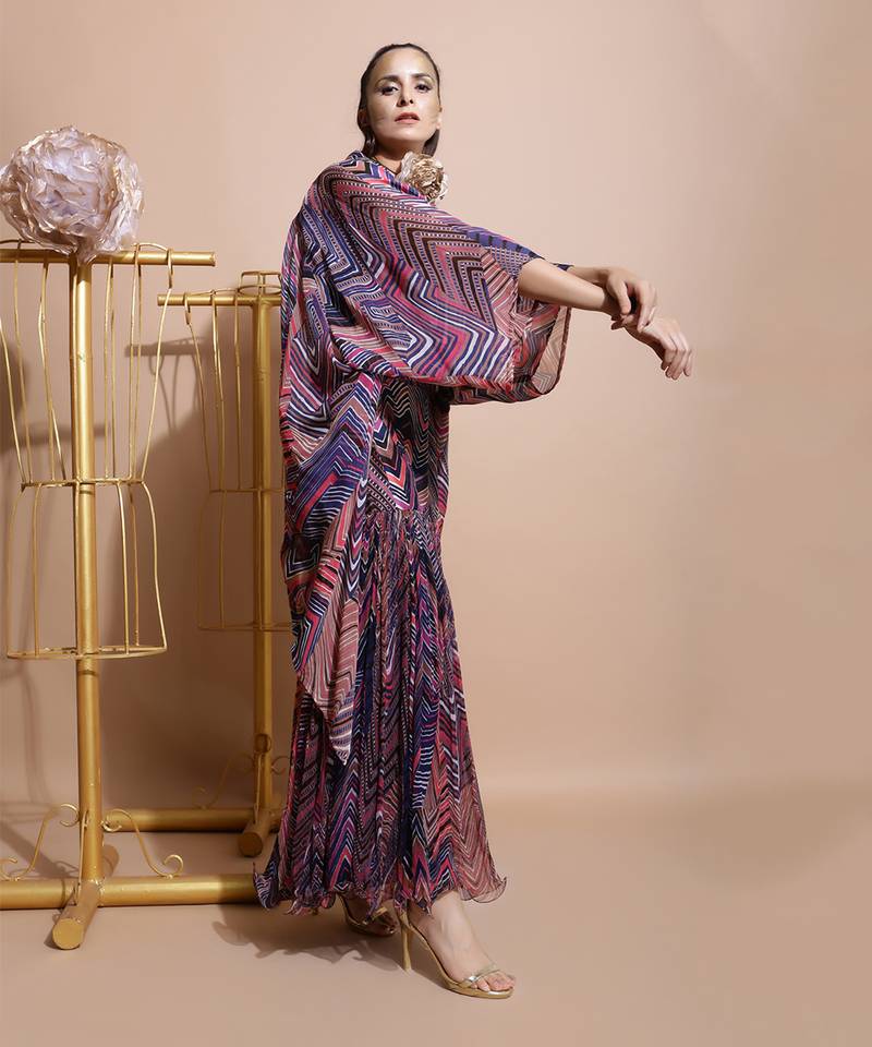 Navy Leheriya Print Organza Cape 