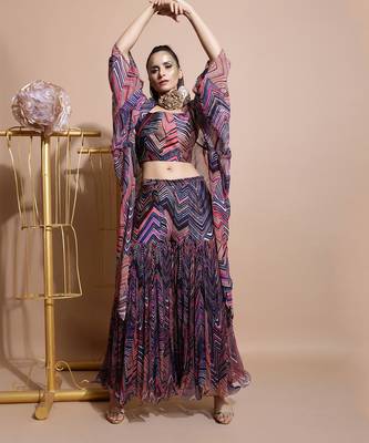 Navy Leheriya Print Organza Cape  6