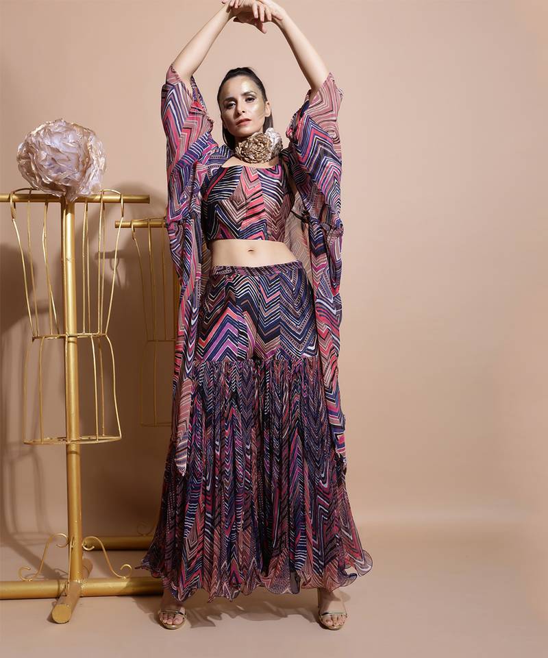 Navy Leheriya Print Organza Cape 