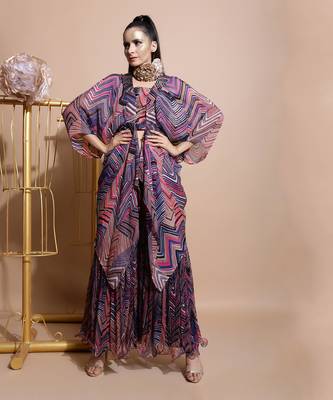 Navy Leheriya Print Organza Cape  1