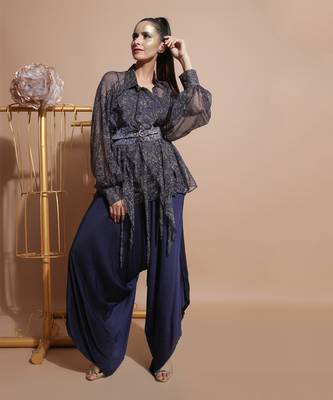 Navy Splash Waterfall Shirt With Belt 4