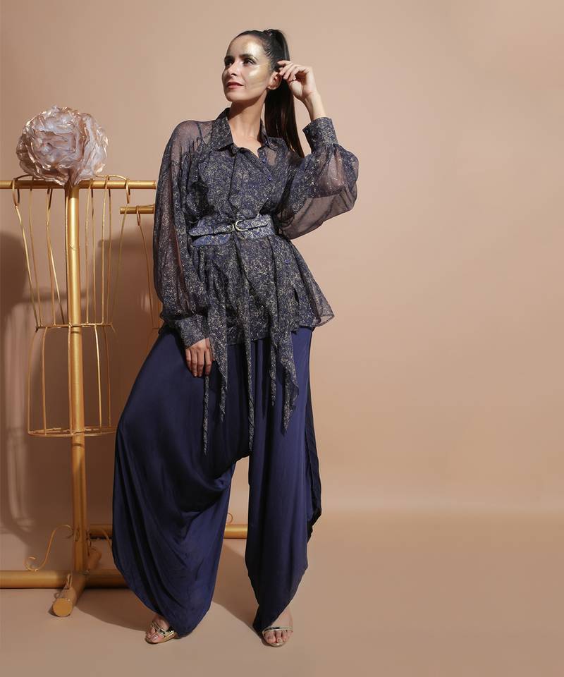 Navy Splash Waterfall Shirt With Belt