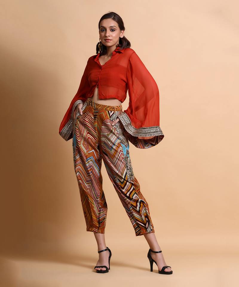 Rust Top And Mustard Leheriya Baggy Pant