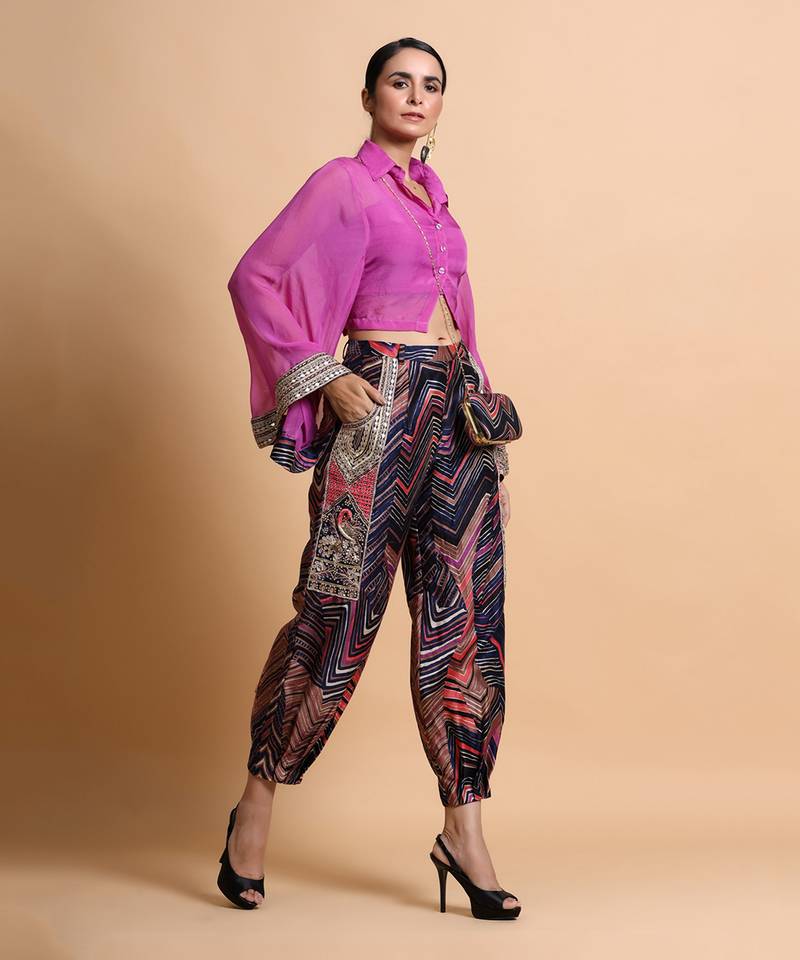 Orchid Top And Navy Leheriya Baggy Pants