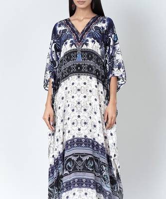 White And Blue Porcelain Print Embellished Silk Full Length Kaftan 5