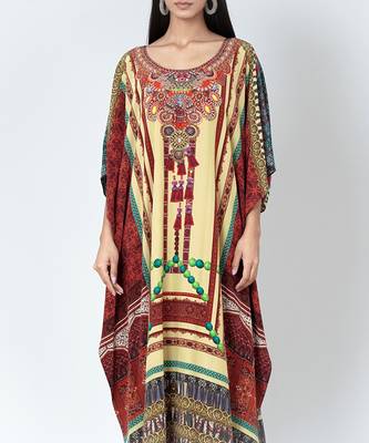 Yellow And Brown Tassel Print Embellished Silk Full Length Kaftan 5